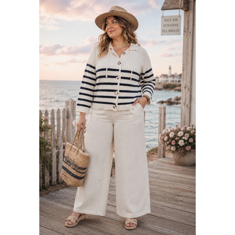 Nautical Evereve Isabell Stripe Hood White Blue Button Front L Cardigan Sweater